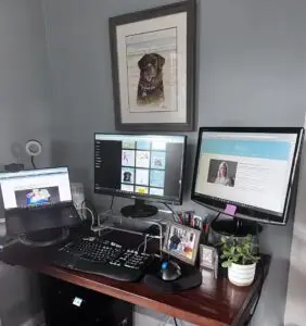 Aqua Virtual Solutions Workspace -- standup desk with a laptop and two monitors.